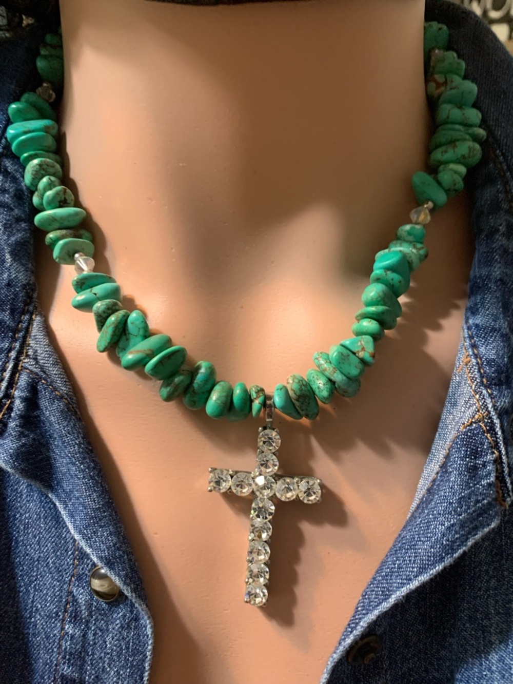 Turquoise Bead Necklace with Crystal Cross Pendant - Turquoise